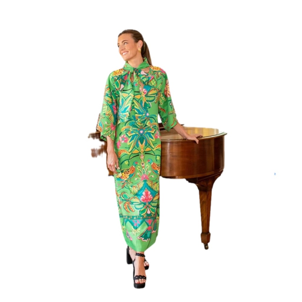 House of MBR XS/S Green Bird and Tassel Darling Caftan Dress